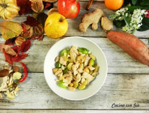 pollo, cavoletti e mela cotogna