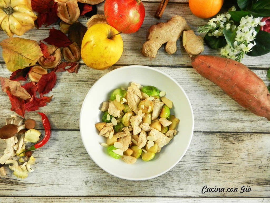 pollo, cavoletti e mela cotogna